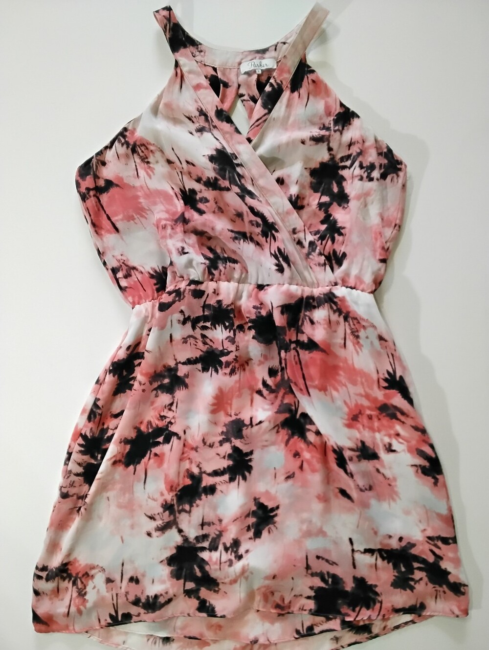 Parker Silk Dress Womens Small Pink Black Tropical Palm Tree Luxury Resortwear